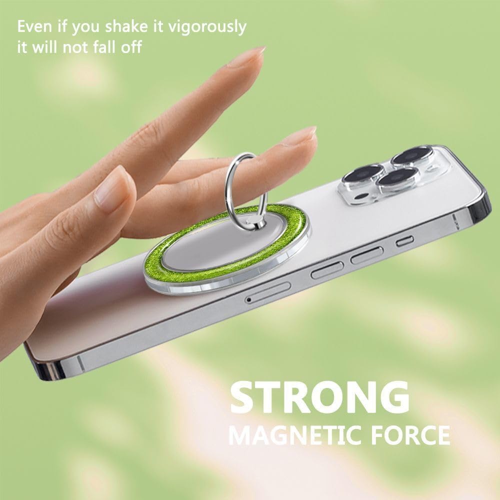 Magnetic Phone Ring for MagSafe,Phone Grip Kickstand,Ring Holder Stand Compatible with iPhone 17 16 15 14 13 12 Pro Max Plus and Phone Case - Green Transparent Glitter