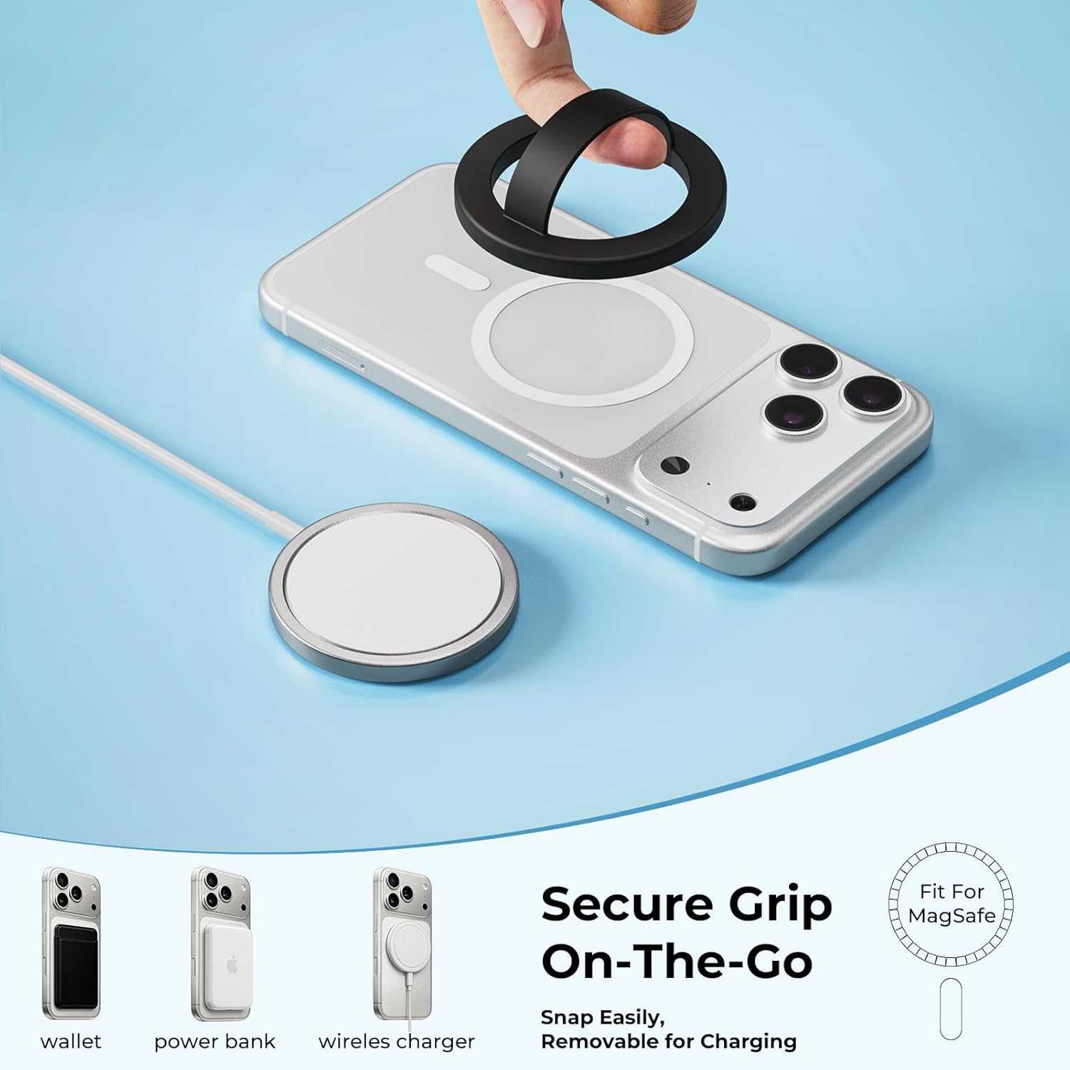 Magnetic Silicone Ring Grip Phone Holder for MagSafe, 360° Rotating Finger Loop, Strong Magnetic Phone Grip, Soft & Lightweight, Compatible with iPhone 17/16/15/14/13/12 Series, Black
