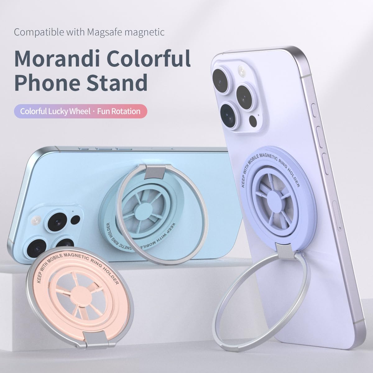 Magnetic Phone Ring Holder for MagSafe, Lucky Wheel Fidget Spinner Phone Grip, Dual Sided Magnets Phone Stand for iPhone /Mag Case, Morandi Aesthetic Kickstand for Gym Travel Stress Relief Accessory