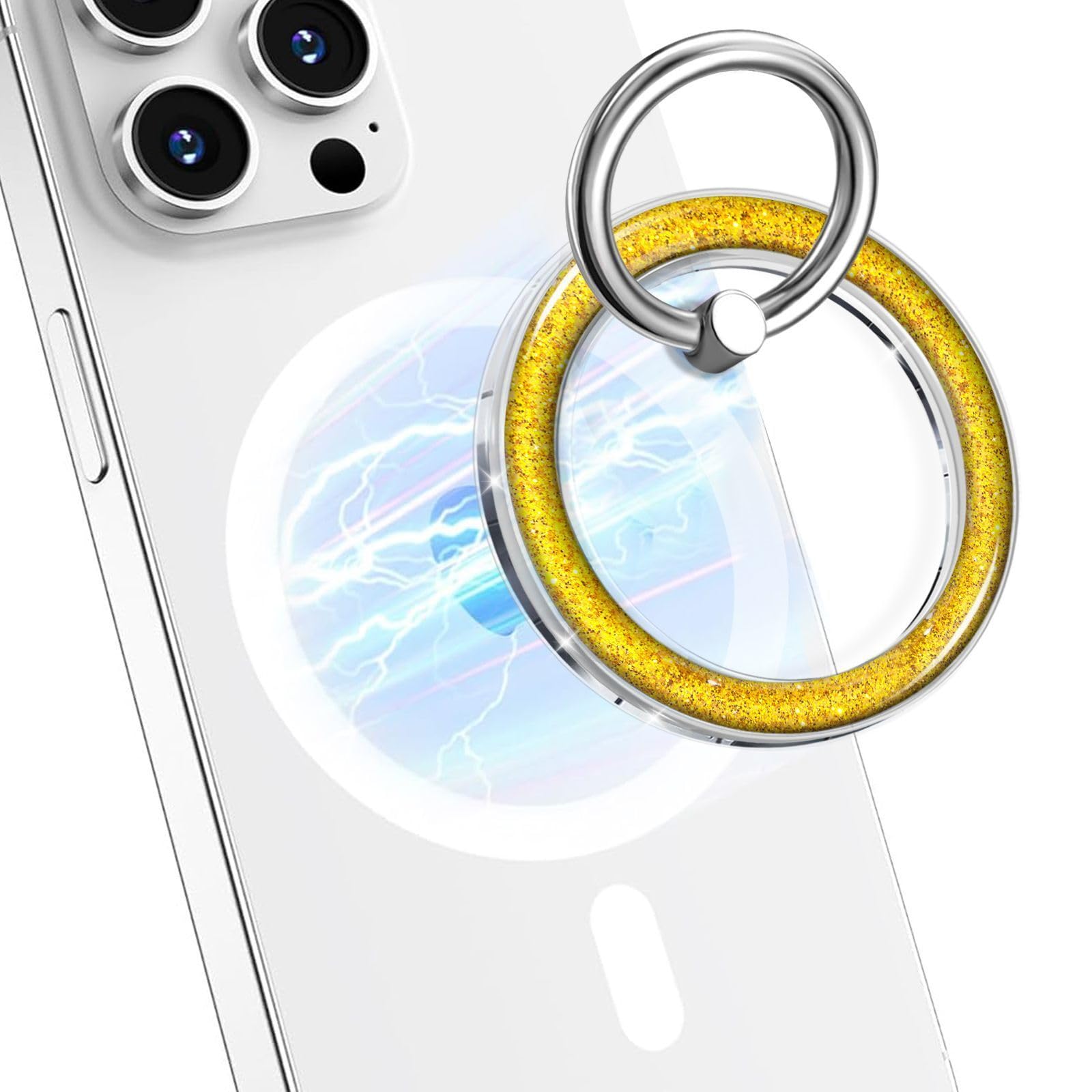 Magnetic Phone Ring for MagSafe,Phone Grip Kickstand,Ring Holder Stand Compatible with iPhone 17 16 15 14 13 12 Pro Max Plus and Phone Case - Green Transparent Glitter