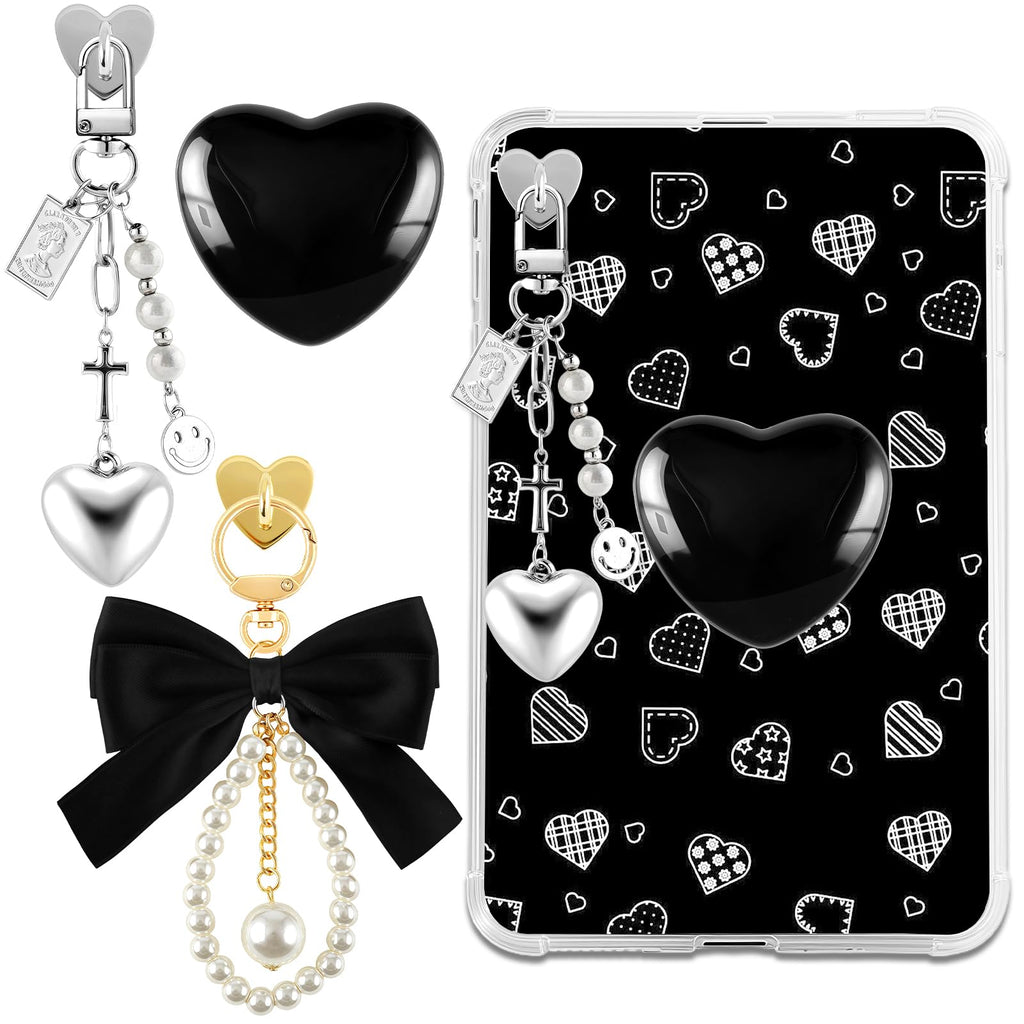 ZLFSRQ 3Pcs Charm Chains for Kindle Decorating Charms Cute Black Bow E-reader Accessories Bling Heart Grip Holder Compatible with Kindle Paperwhite 11th 12th Phone iPad Gifts for Book Lovers Coworkers