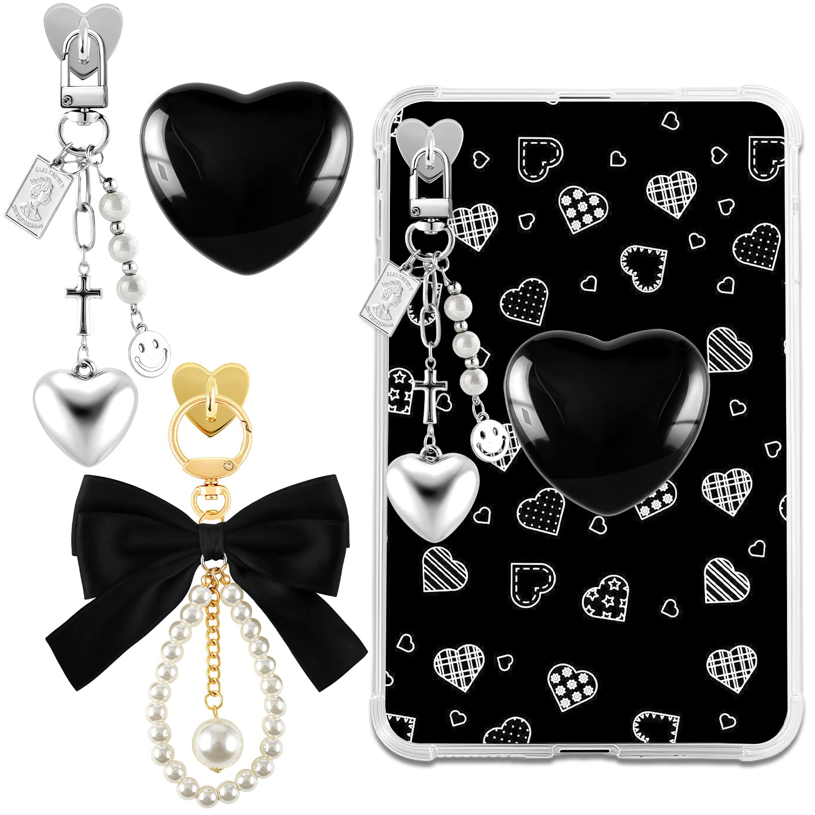 ZLFSRQ 3Pcs Charm Chains for Kindle Decorating Charms Cute Black Bow E-reader Accessories Bling Heart Grip Holder Compatible with Kindle Paperwhite 11th 12th Phone iPad Gifts for Book Lovers Coworkers