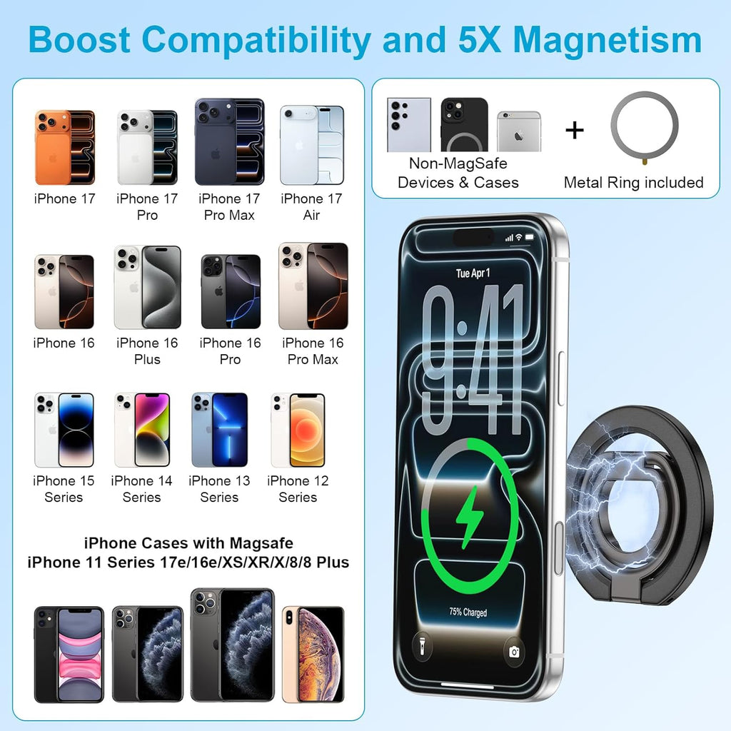 MagSafe Phone Ring Holder Dual-Sided Magnetic Phone Grip Kickstand Loop Magnet Finger Ring Stand for Samsung S26 Ultra S26 S25 FE S24 Ultra iPhone 17e/17/16/15/14/13/12 Pro Max Google Pixel 10a 10 9 8