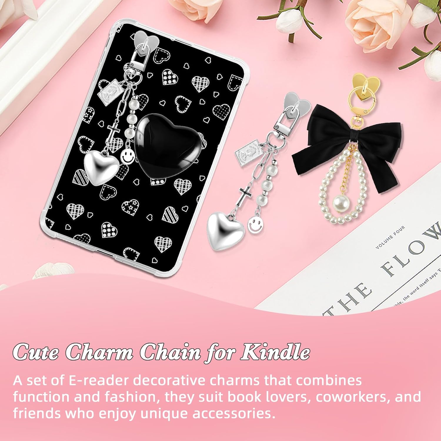 ZLFSRQ 3Pcs Charm Chains for Kindle Decorating Charms Cute Black Bow E-reader Accessories Bling Heart Grip Holder Compatible with Kindle Paperwhite 11th 12th Phone iPad Gifts for Book Lovers Coworkers