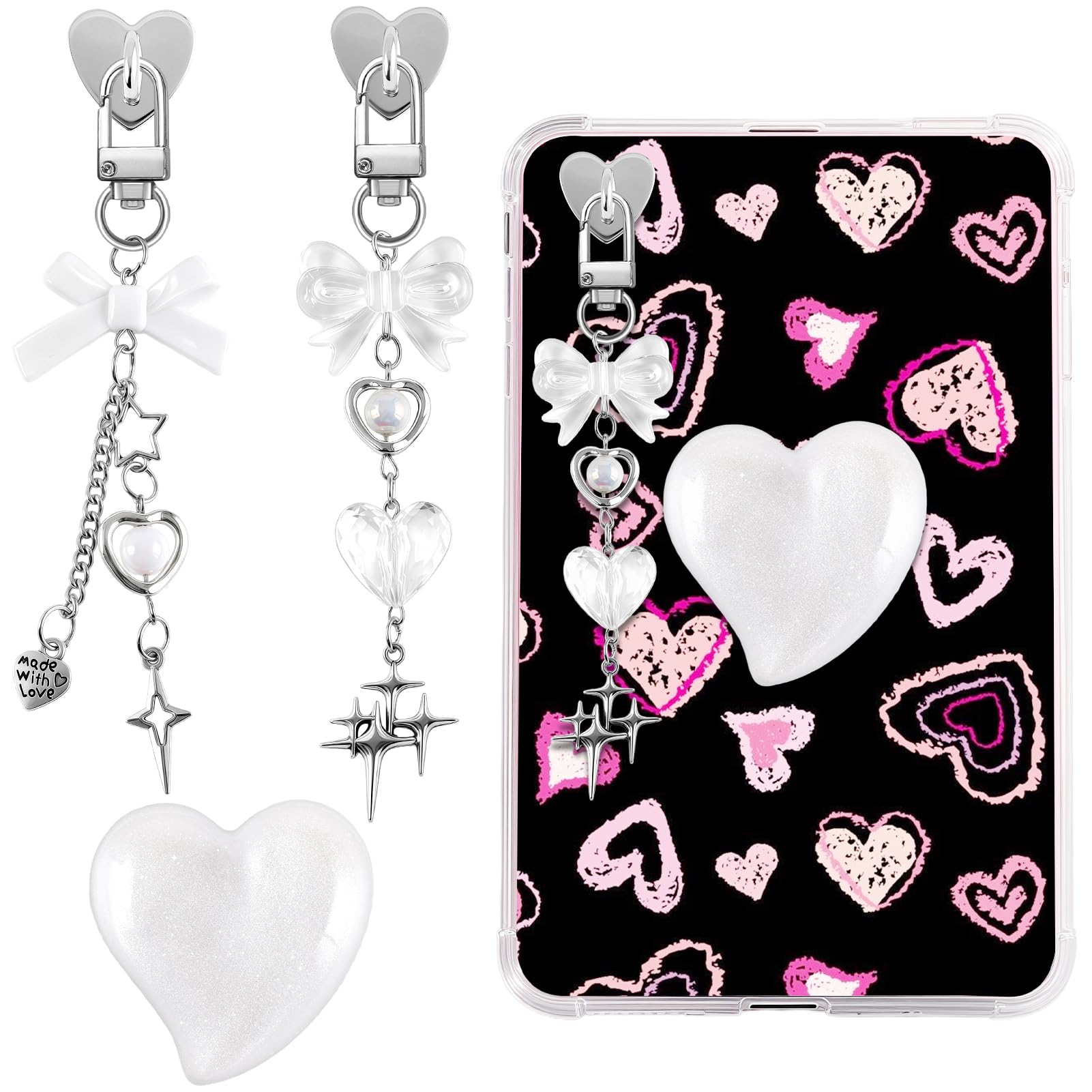 ZLFSRQ 3Pcs Charm Chains for Kindle Decorating Charms Cute Black Bow E-reader Accessories Bling Heart Grip Holder Compatible with Kindle Paperwhite 11th 12th Phone iPad Gifts for Book Lovers Coworkers