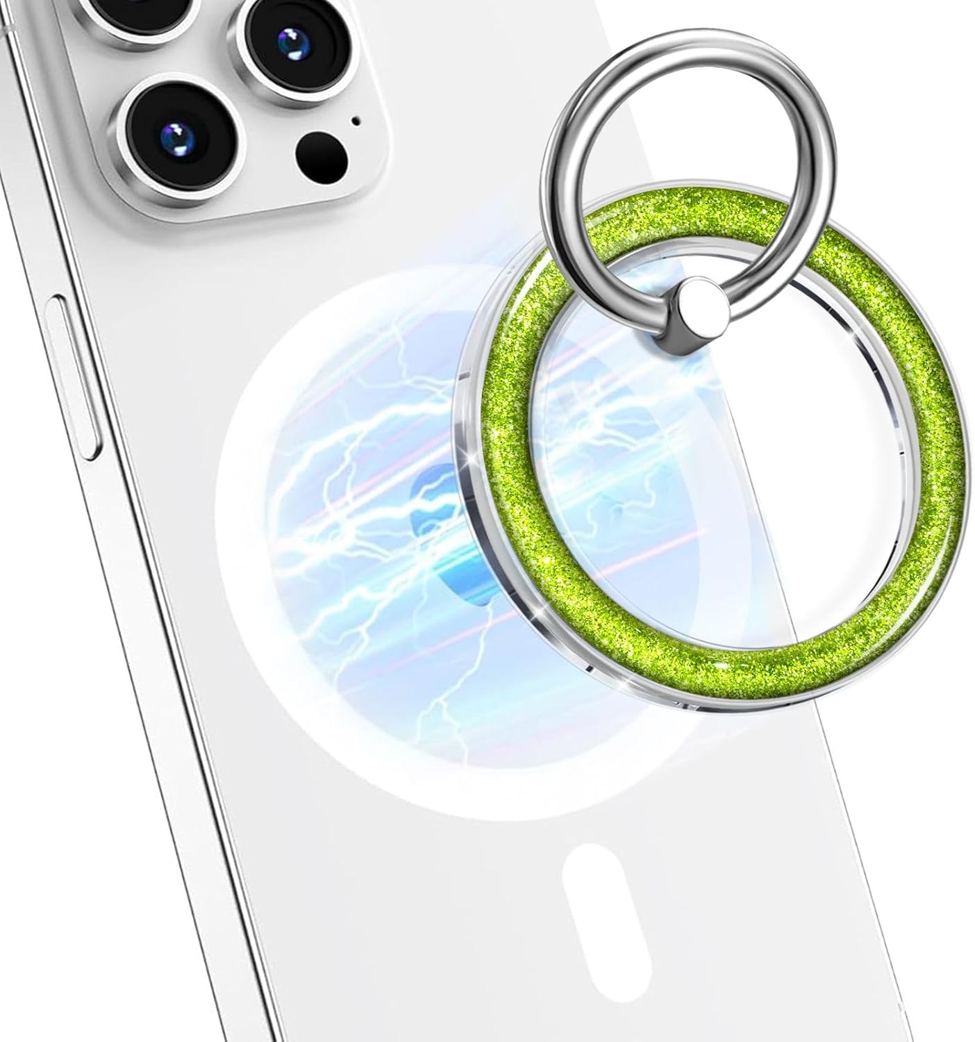 Magnetic Phone Ring for MagSafe,Phone Grip Kickstand,Ring Holder Stand Compatible with iPhone 17 16 15 14 13 12 Pro Max Plus and Phone Case - Green Transparent Glitter