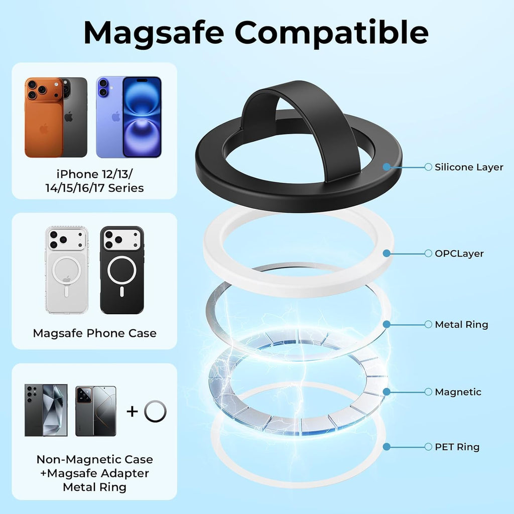 Magnetic Silicone Ring Grip Phone Holder for MagSafe, 360° Rotating Finger Loop, Strong Magnetic Phone Grip, Soft & Lightweight, Compatible with iPhone 17/16/15/14/13/12 Series, Black