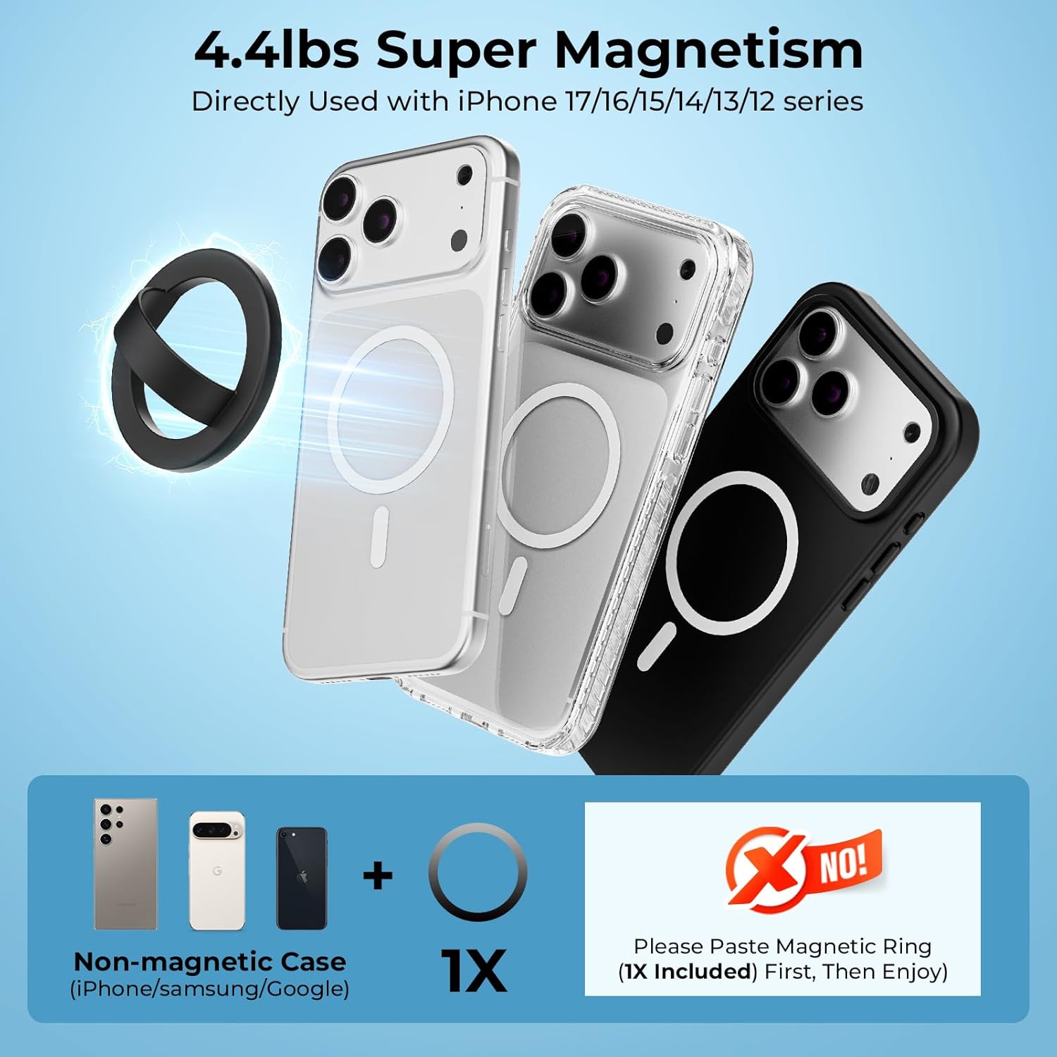 Magnetic Silicone Ring Grip Phone Holder for MagSafe, 360° Rotating Finger Loop, Strong Magnetic Phone Grip, Soft & Lightweight, Compatible with iPhone 17/16/15/14/13/12 Series, Black
