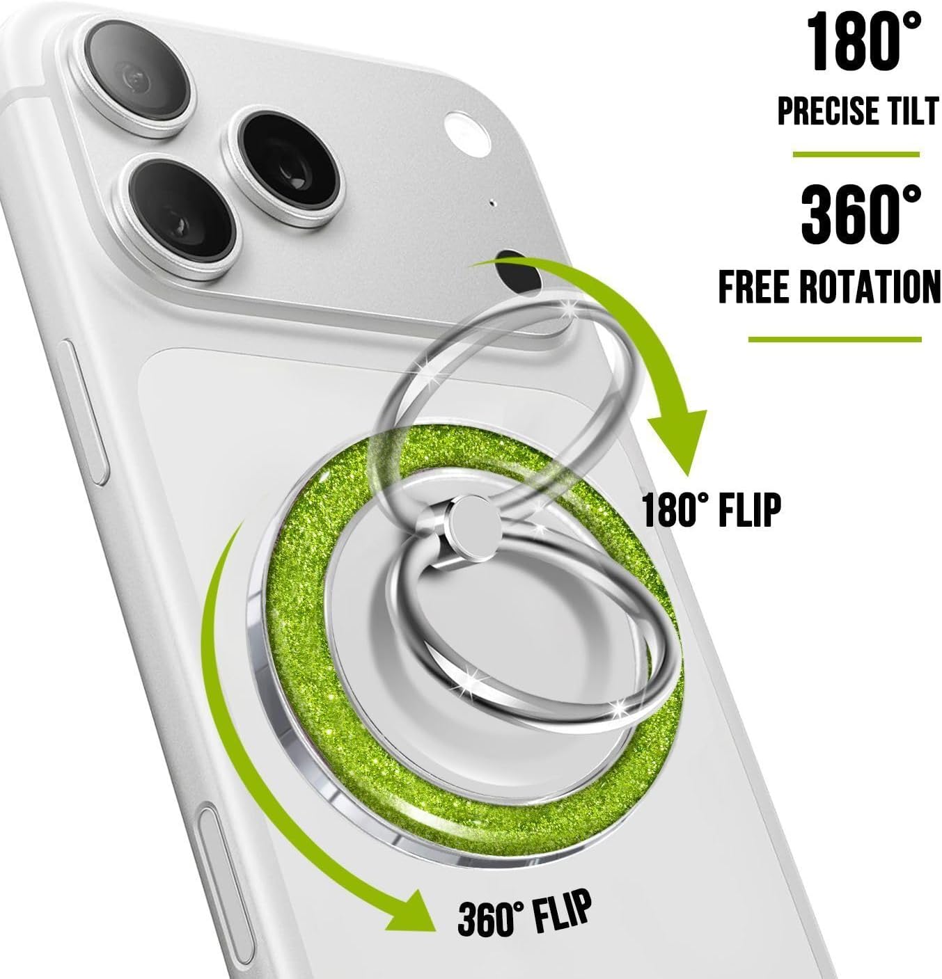 Magnetic Phone Ring for MagSafe,Phone Grip Kickstand,Ring Holder Stand Compatible with iPhone 17 16 15 14 13 12 Pro Max Plus and Phone Case - Green Transparent Glitter
