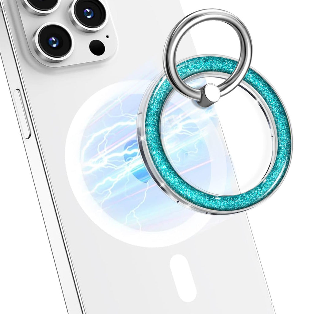 Magnetic Phone Ring for MagSafe,Phone Grip Kickstand,Ring Holder Stand Compatible with iPhone 17 16 15 14 13 12 Pro Max Plus and Phone Case - Green Transparent Glitter