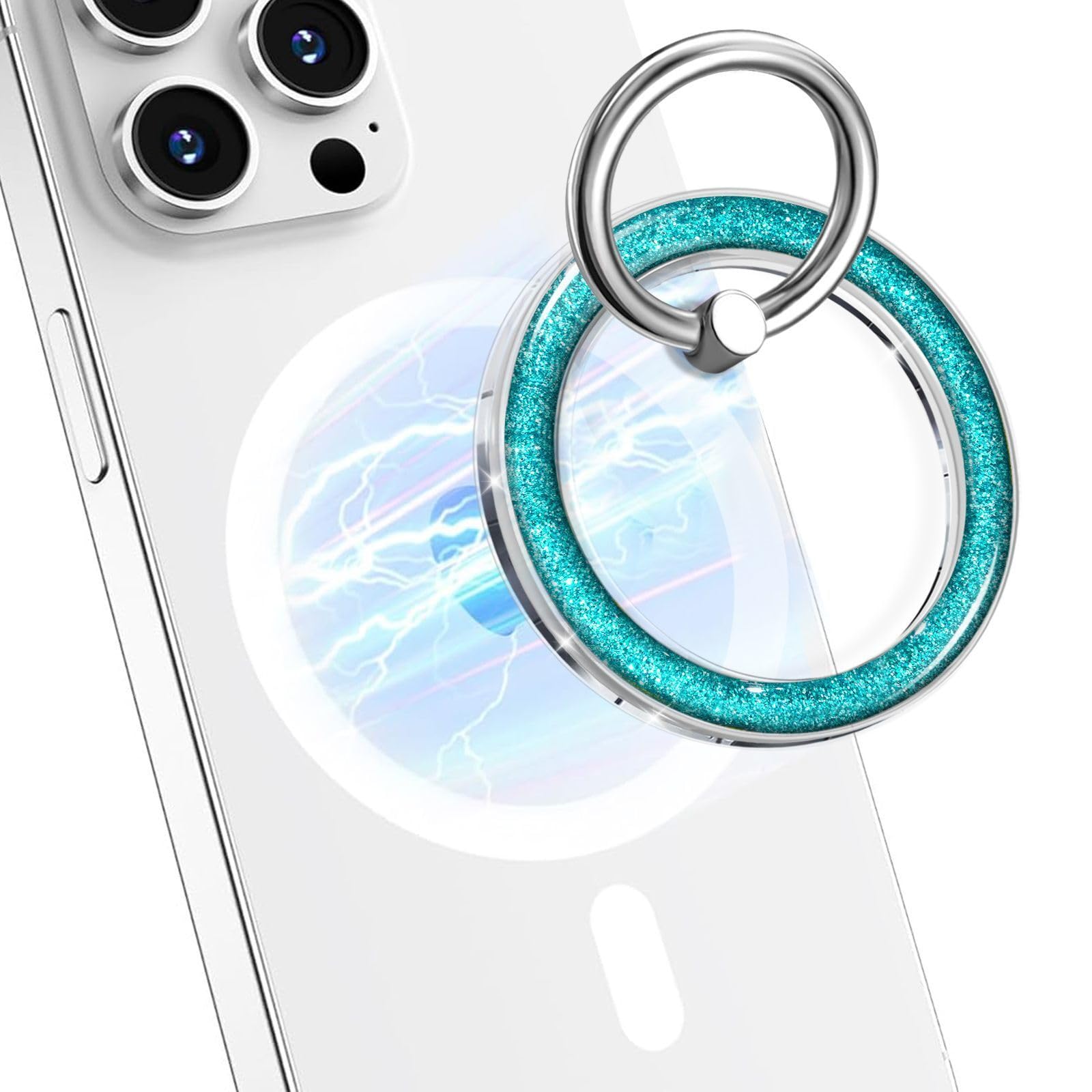 Magnetic Phone Ring for MagSafe,Phone Grip Kickstand,Ring Holder Stand Compatible with iPhone 17 16 15 14 13 12 Pro Max Plus and Phone Case - Green Transparent Glitter