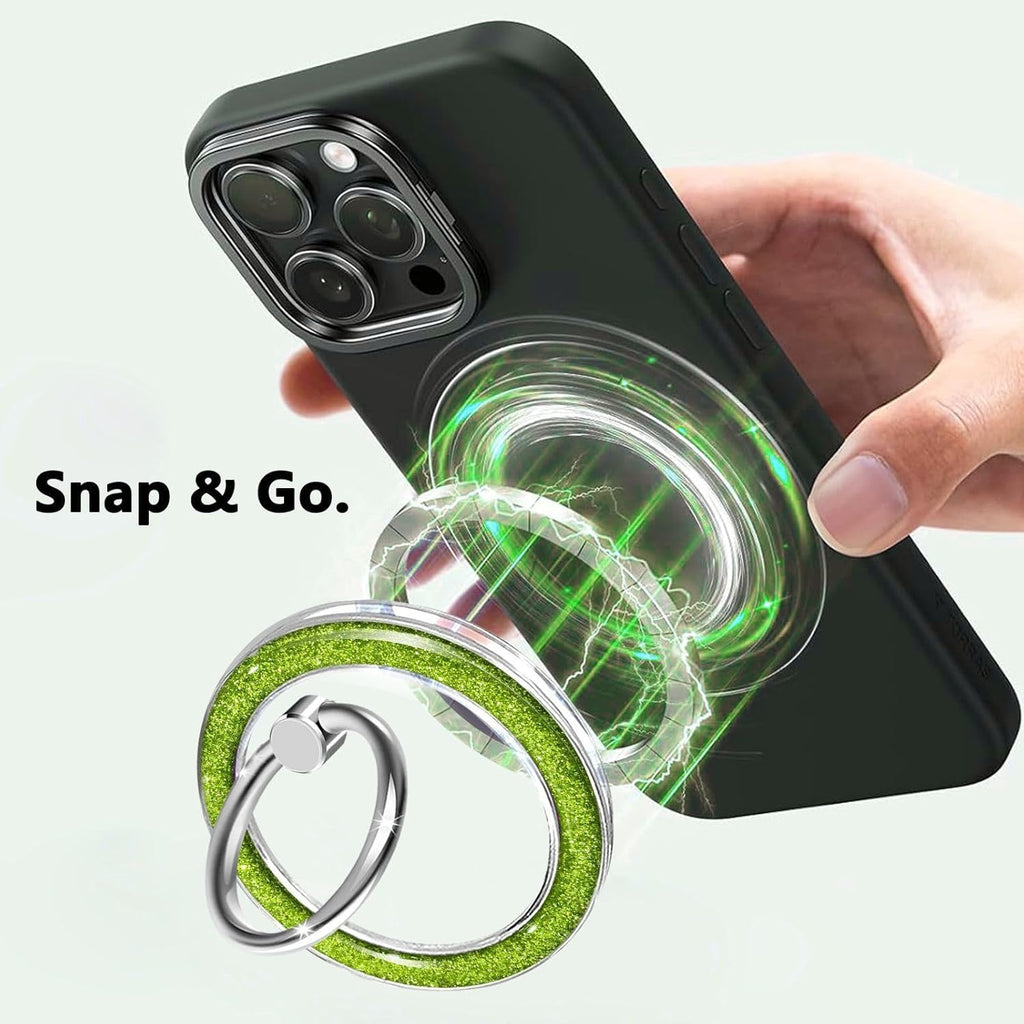 Magnetic Phone Ring for MagSafe,Phone Grip Kickstand,Ring Holder Stand Compatible with iPhone 17 16 15 14 13 12 Pro Max Plus and Phone Case - Green Transparent Glitter