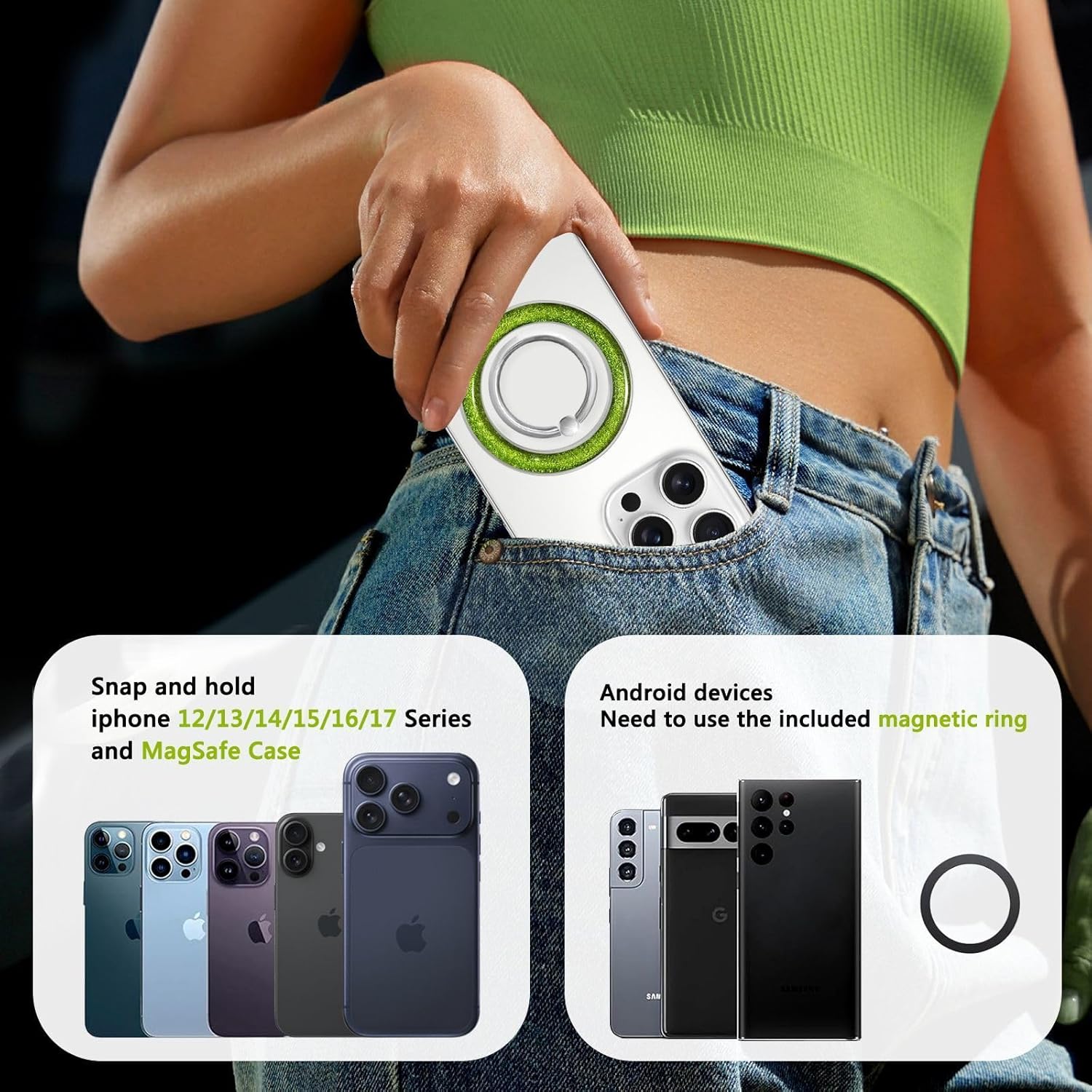 Magnetic Phone Ring for MagSafe,Phone Grip Kickstand,Ring Holder Stand Compatible with iPhone 17 16 15 14 13 12 Pro Max Plus and Phone Case - Green Transparent Glitter
