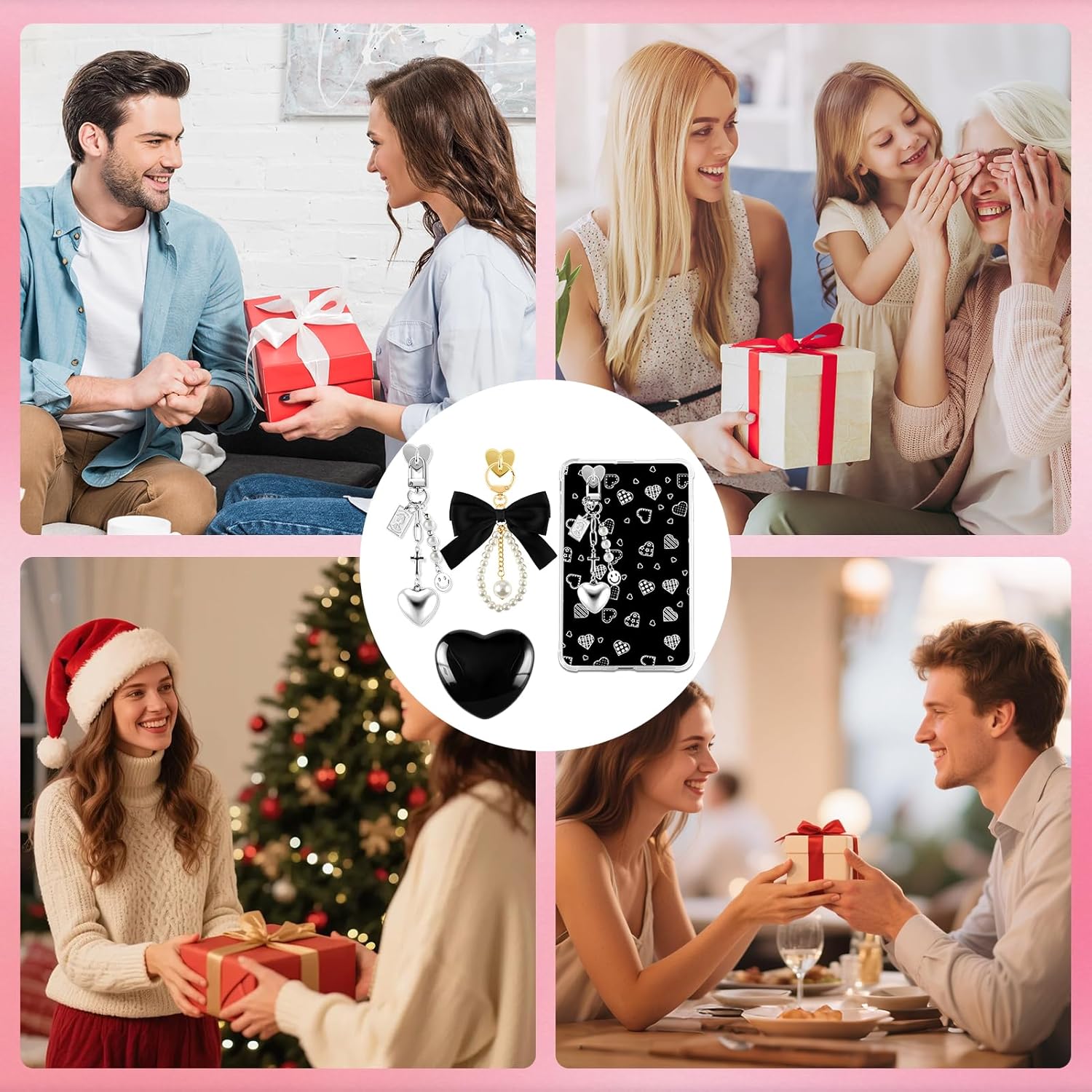 ZLFSRQ 3Pcs Charm Chains for Kindle Decorating Charms Cute Black Bow E-reader Accessories Bling Heart Grip Holder Compatible with Kindle Paperwhite 11th 12th Phone iPad Gifts for Book Lovers Coworkers